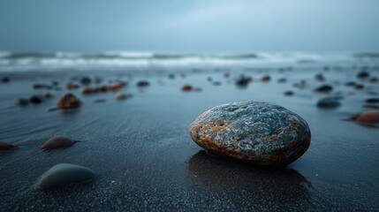 A smooth pebble on wet sand, soft textures, calming neutral tones, zen and meditative atmosphere