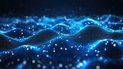 Abstract digital wave patterns of glowing particles in deep blue