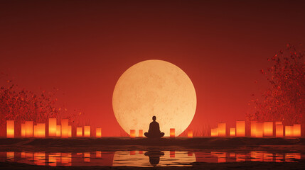 Obraz premium Moonlit autumn ceremony, silhouette of a person meditating under the full moon with lanterns