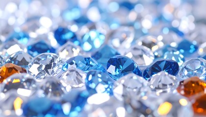 Close-up shot of numerous sparkling, faceted gems in varying shades of blue, white, and orange