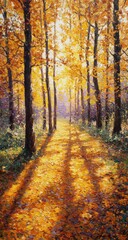 Fototapeta premium Golden autumnal forest path. Sunlight streams through the trees, casting long shadows on a path strewn with fallen leaves