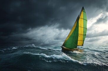 Solitary Sailboat Braving Tempestuous Seas: Dramatic Ocean Scene