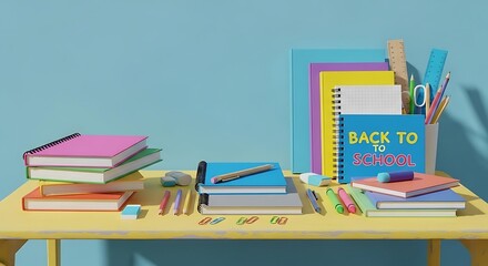 A yellow table with stacks of colorful notebooks and school supplies against a blue background scene