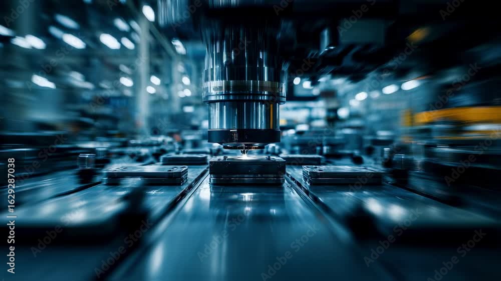 Poster modern robotic arm working and assembling metal parts on a production line, showcasing advanced auto