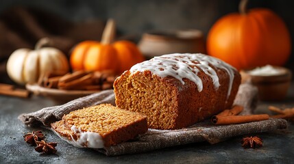 Pumpkin bread loaf with slice removed, cozy autumn scene with pumpkins and cinnamon, halloween theme, empty top space for message