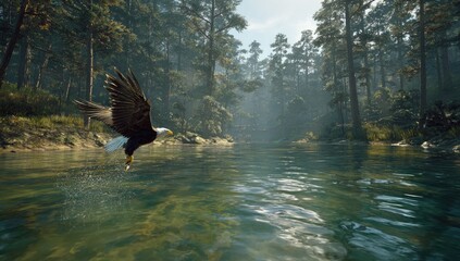 Majestic bald eagle soars over a tranquil river in a dense forest