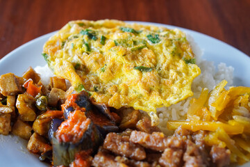 **Nasi Rames, Indonesia, captured on August 6, 2025. Mixed rice dish with assorted side dishes like tempeh, vegetables, sambal, and curry, showcasing a colorful and flavorful everyday Indonesian meal