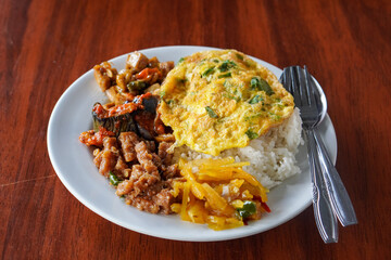 **Nasi Rames, Indonesia, captured on August 6, 2025. Mixed rice dish with assorted side dishes like tempeh, vegetables, sambal, and curry, showcasing a colorful and flavorful everyday Indonesian meal