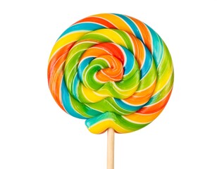 A vibrant, multicolored swirl lollipop on a stick, isolated on a white background