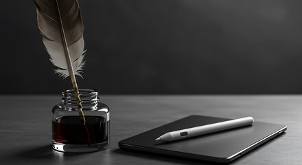 A feather quill dipped in ink beside a digital stylus on a tablet