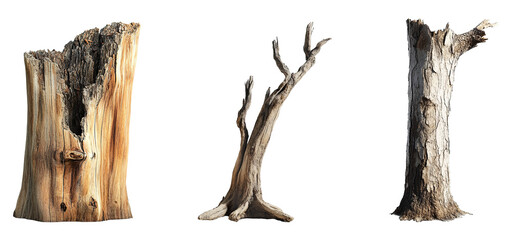 Fototapeta premium Set of old, dead tree trunks with broken branches isolated on a transparent background. PNG
