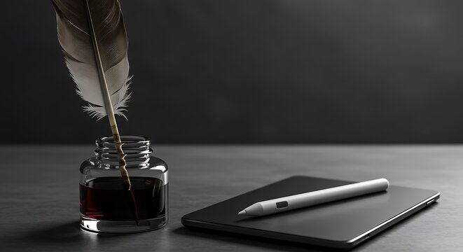 A feather quill dipped in ink beside a digital stylus on a tablet