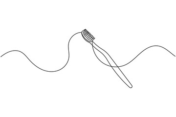 Continuous line drawing of a toothbrush with toothpaste, ideal for dental hygiene, teeth brushing, and oral care themes