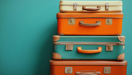 Stacked retro suitcases in orange, green, and cream against a turquoise background evoke nostalgia