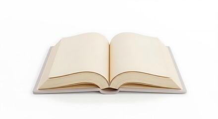 Fototapeta premium An open book with blank pages resting on a white surface ready for writing or drawing inside it