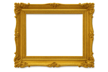 Classic golden ornate frame with transparent background, ideal for adding a touch of elegance to artwork or designs