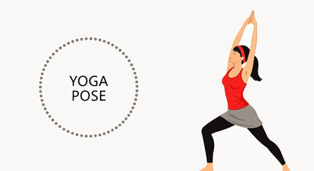 Young woman in red sportswear practicing the Warrior I yoga pose with arms raised.