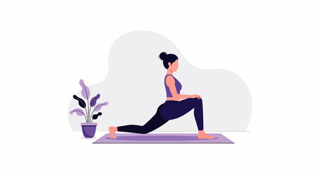 Woman in purple athletic wear practicing a low lunge yoga pose on a mat.
