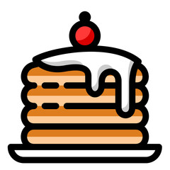Delicious stack of golden pancakes topped with creamy frosting and a bright cherry