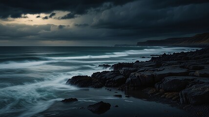 Obraz premium Moody Ocean Shore with Dramatic Sky and Rocky Coastline Ask V3