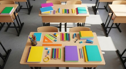 Overhead view of classroom desks with colorful school supplies arranged on the tabletops in a neat manner