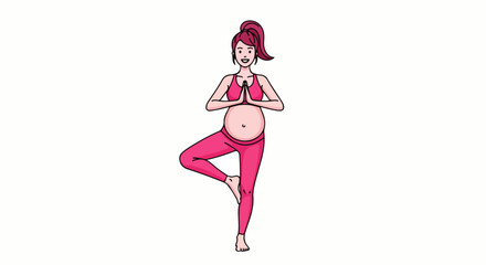 Obraz premium Happy pregnant woman in pink sportswear practicing yoga in a tree pose with hands in prayer.
