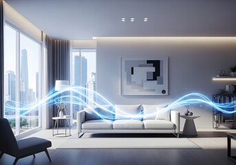 Modern living room with blue energy waves flowing through