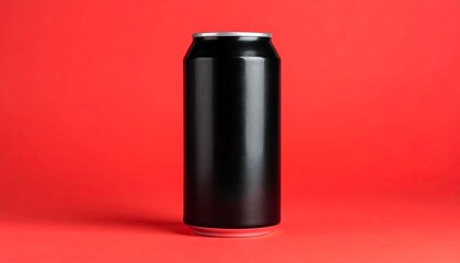 Blank black aluminum can on red background