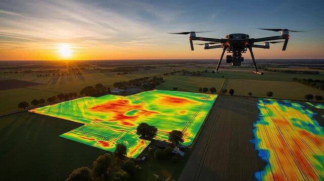 Drone surveying farmland with thermal mapping at sunset. 4K Video