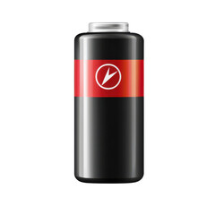 Glossy battery with red stripe, energy symbol, power source for electronic devices on transparent background