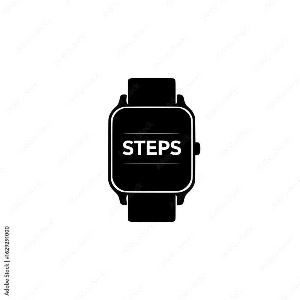 Poster smartwatch displaying the word steps on screen for daily step counting and fitness activity tracking
