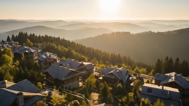 upscale neighborhood aerial scenic mountain resort valley view. For residential design reference only.