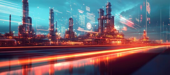 A digital oil and gas plant with light streaks representing data flow