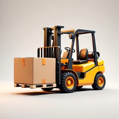 Yellow Forklift Truck Lifting a Cardboard Box on a Wooden Pallet