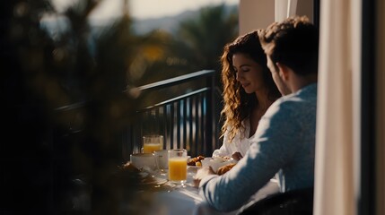 A couple enjoying breakfast together on the balcony of a hotel during their vacation long title A young couple relaxing on the balcony of their