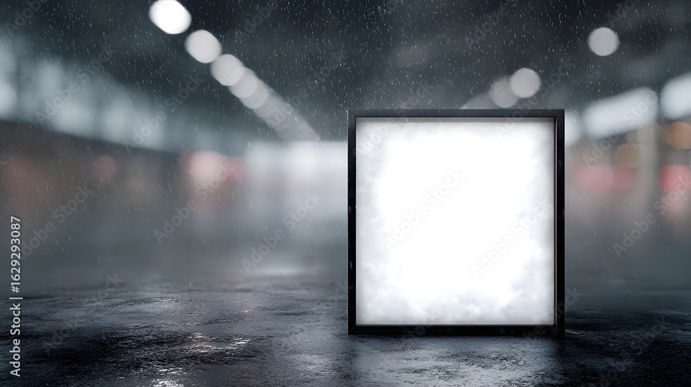 Poster a glossy illuminated frame stands prominently in a dark minimalist studio setting long title a sleek