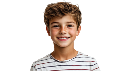 Smiling handsome young boy's face with a joyful expression and cheerful look, isolated on transparent background. PNG