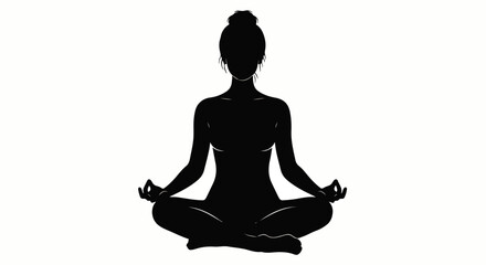 Black silhouette of a woman with a top knot bun meditating in the lotus yoga pose.