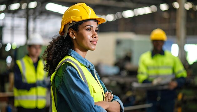 Confident female industrial worker in a factory setting, arms crossed, looking thoughtfully ahead
