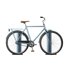 Fototapeta premium Blue bicycle with brown seat and metal rack, parked at a metallic post, representing urban transportation and sustainable lifestyle on transparent background