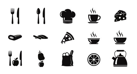 Set of black silhouette food and kitchen icons for cooking and dining, including cutlery, pizza, fruit, and a chef hat.