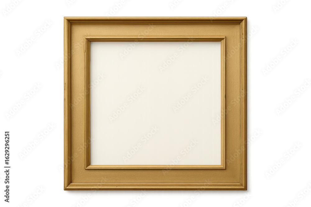 Poster golden wooden frame enclosing pristine white canvas, ideal for displaying creative visual compositio