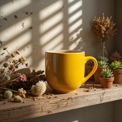 Mustard Yellow Mug on Reclaimed Wood Shelf with Sun Rays