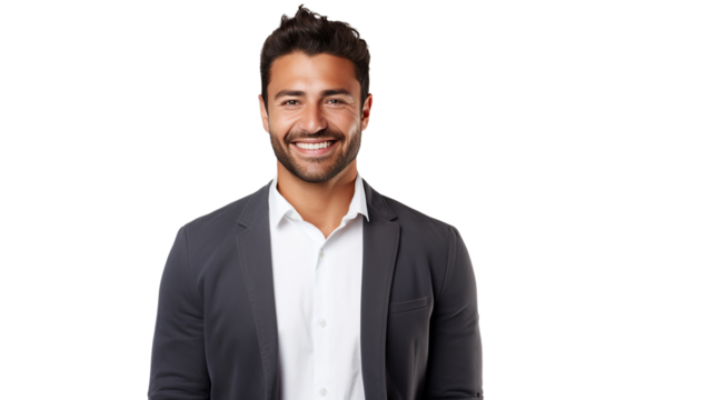 Confident businessman in a suit smiling on a transparent background. PNG