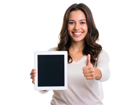 Young female student giving thumbs up while holding a tablet, isolated on transparent background