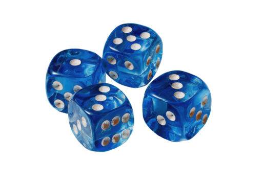 Four translucent blue dice