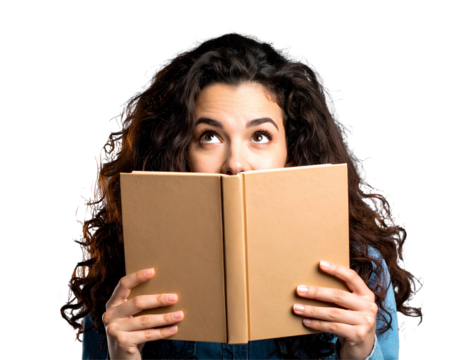 Young student girl holding an open book and looking up in confusion, isolated on transparent background