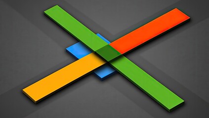 Four vibrant, rectangular bars intersect at the center against a dark gray backdrop, forming an 'X' shape with a small blue square at their crossing point