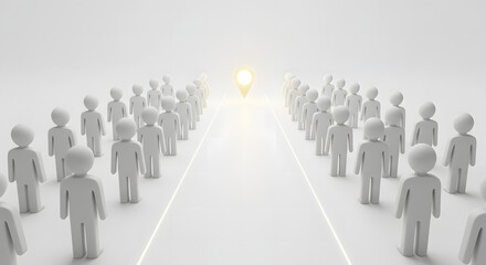 Two lines of miniature figures converge towards a glowing destination marker, symbolizing a shared goal. The composition creates a sense of direction and unity