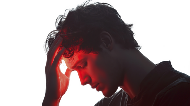 A stressed man touches his forehead with his hand, isolated on a transparent background. PNG